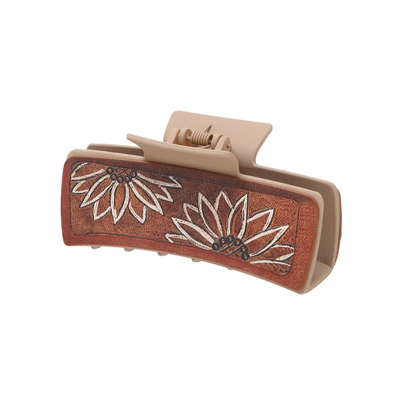 Women's Brown PU Leather Sunflower Print Hair Claw Clip