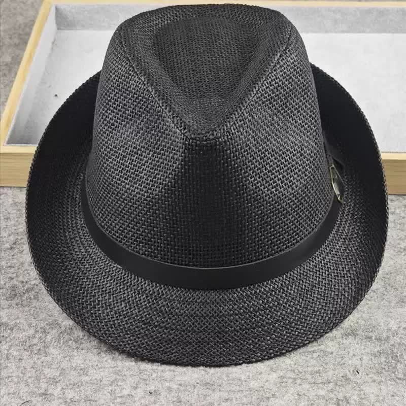 Men's British Plaid Houndstooth Pattern Summer Straw Fedora Hat