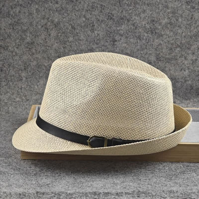 Men's British Plaid Houndstooth Pattern Summer Straw Fedora Hat