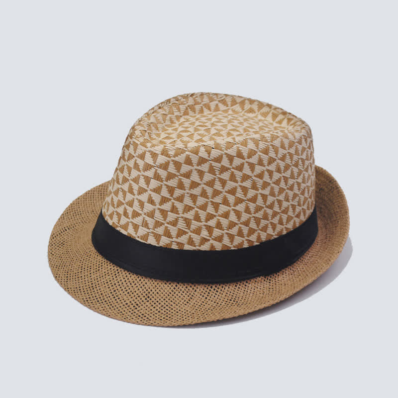 Men's Classical Check Pattern Beach Straw Fedora Hat