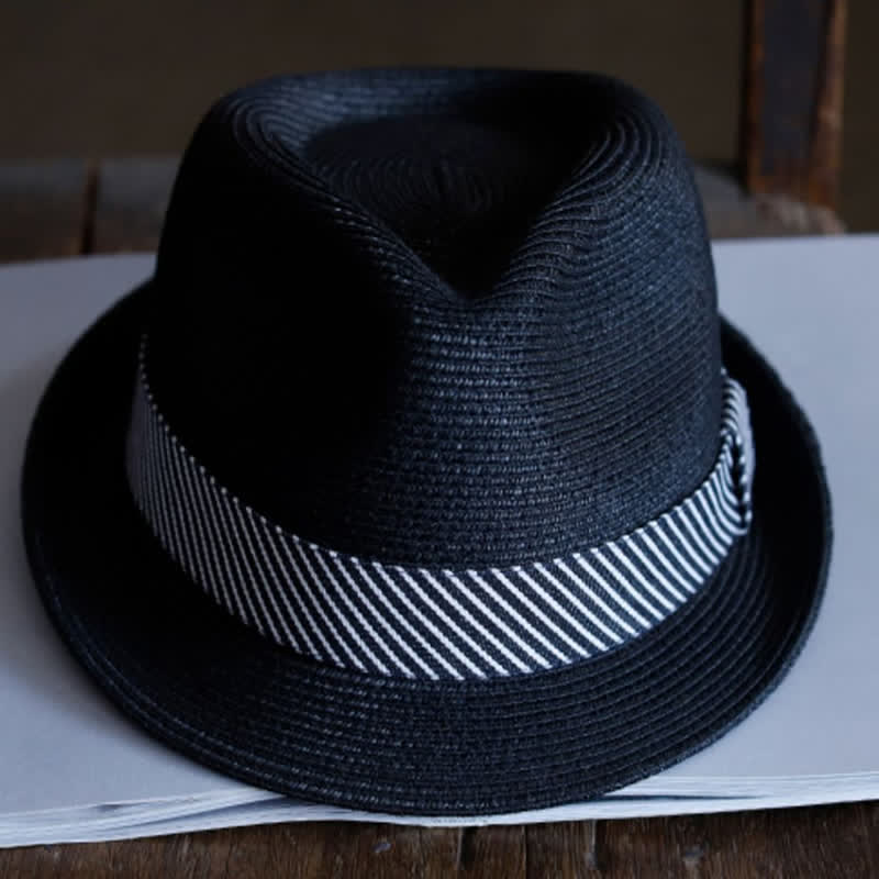 Men's Graceful Striped Ribbon Beach Straw Fedora Hat