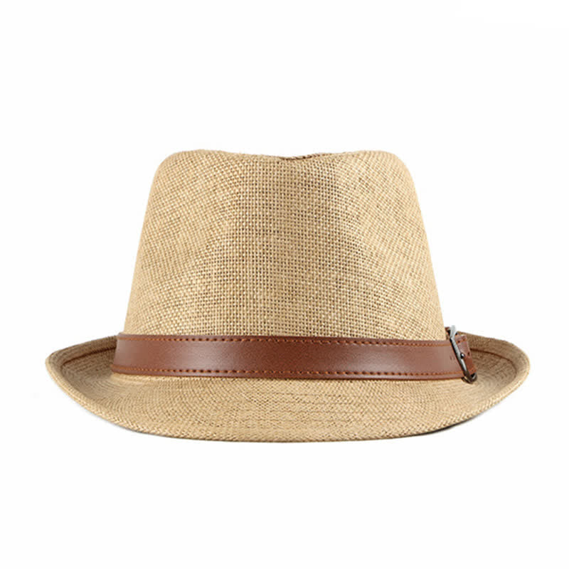 Men's Stylish Casual Leather Decor Straw Fedora Hat