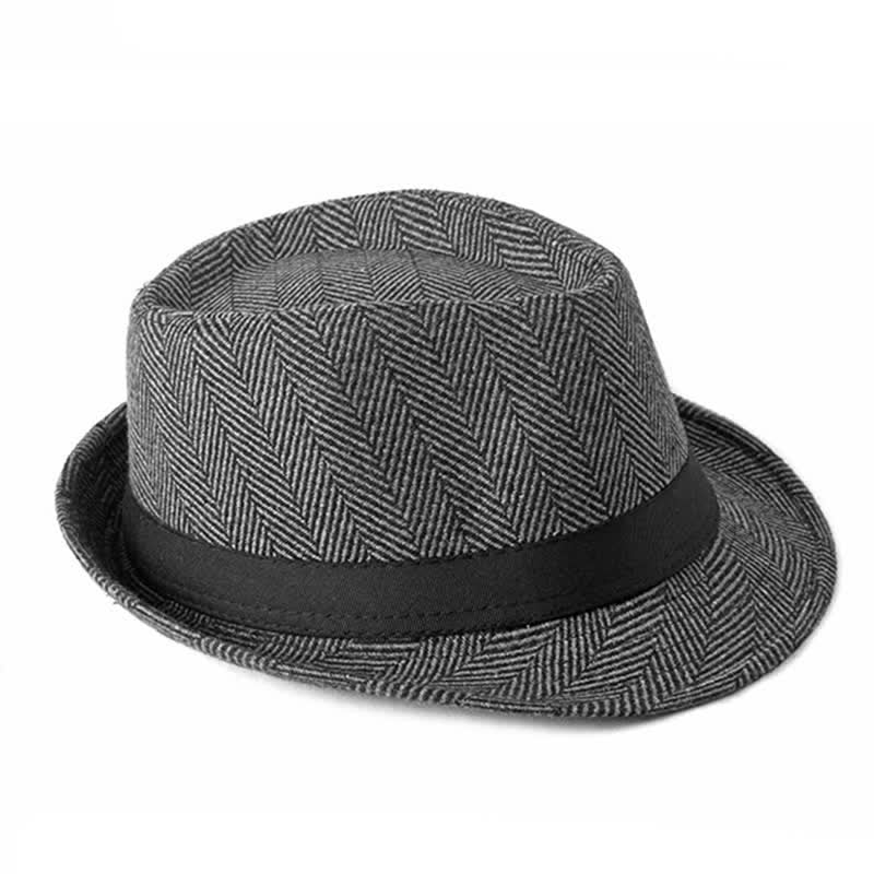 Gentlemen Herringbone Pattern Black Ribbon Fedora Hat