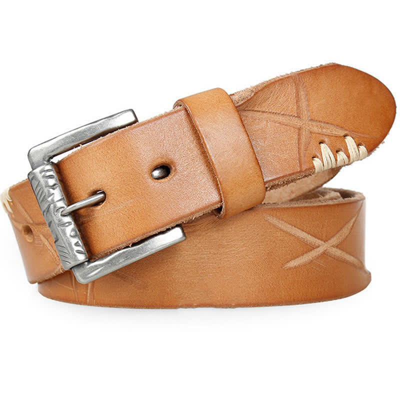 Men's Distressed Retro White Line Decor Leather Belt