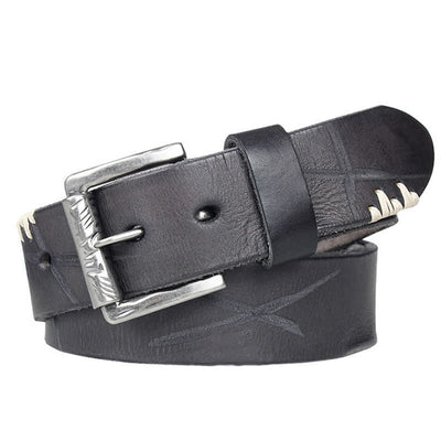 Men's Distressed Retro White Line Decor Leather Belt