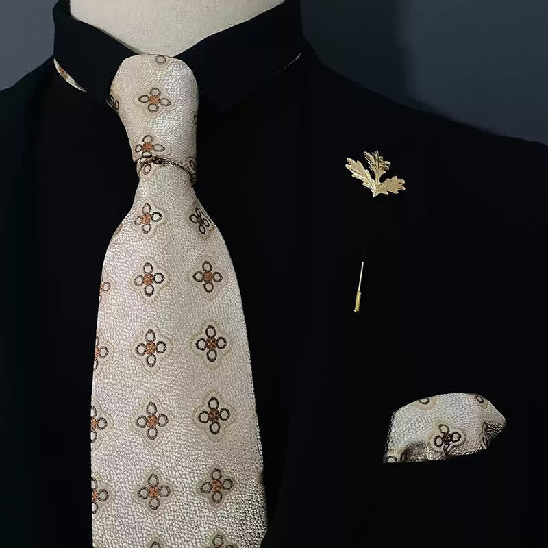 2Pcs Men's Ivory Mini Flower Handkerchief Necktie Set