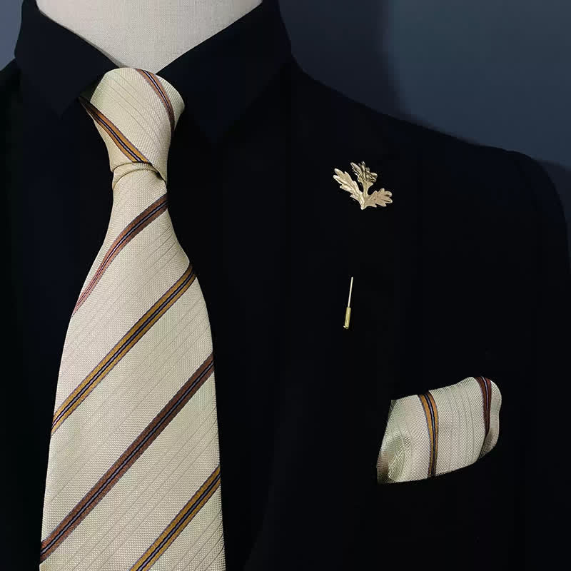 2Pcs Men's Ivory & Gold Striped Handkerchief Necktie Set