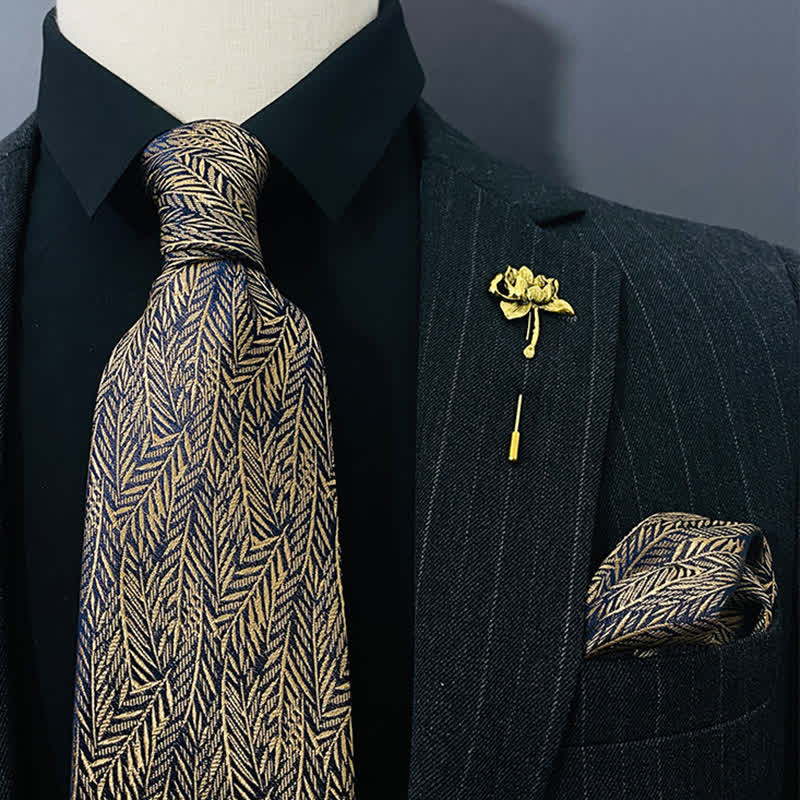 2Pcs Men's Dark Golden Willow Leaves Handkerchief Necktie Set