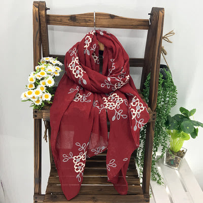 Women's National Cotton Linen Flower Embroidery Thin Scarf