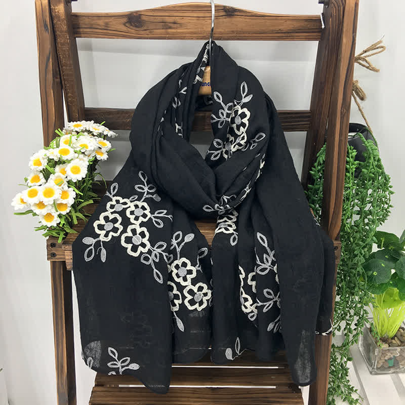 Women's National Cotton Linen Flower Embroidery Thin Scarf