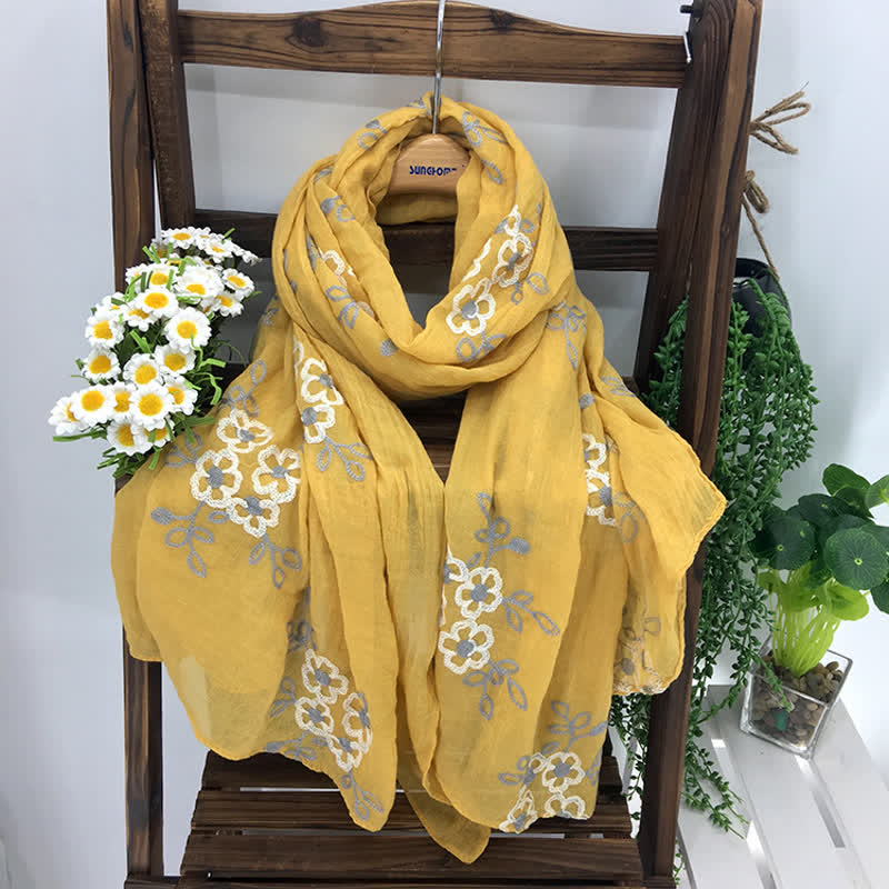 Women's National Cotton Linen Flower Embroidery Thin Scarf