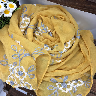 Women's National Cotton Linen Flower Embroidery Thin Scarf