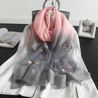 Women's Color Gradient Floral Embroidery Thin Scarf