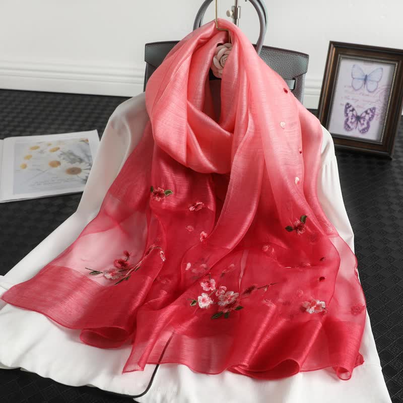 Women's Color Gradient Floral Embroidery Thin Scarf