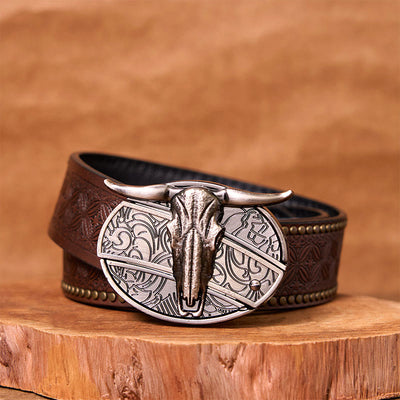 Bull's Head DIY Silver Western Vintage Buckle Leather Belt