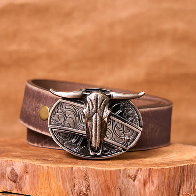 Bull's Head DIY Hidden Knife Silver Western Vintage Buckle Leather Belt