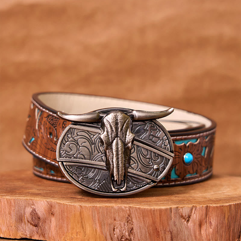 Bull's Head DIY Hidden Knife Silver Western Vintage Buckle Leather Belt