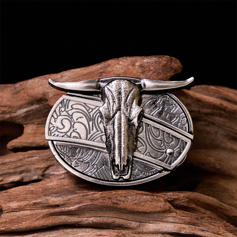 Bull's Head DIY Hidden Knife Silver Western Vintage Buckle Leather Belt