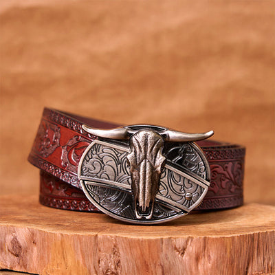 Bull's Head DIY Hidden Knife Silver Western Vintage Buckle Leather Belt