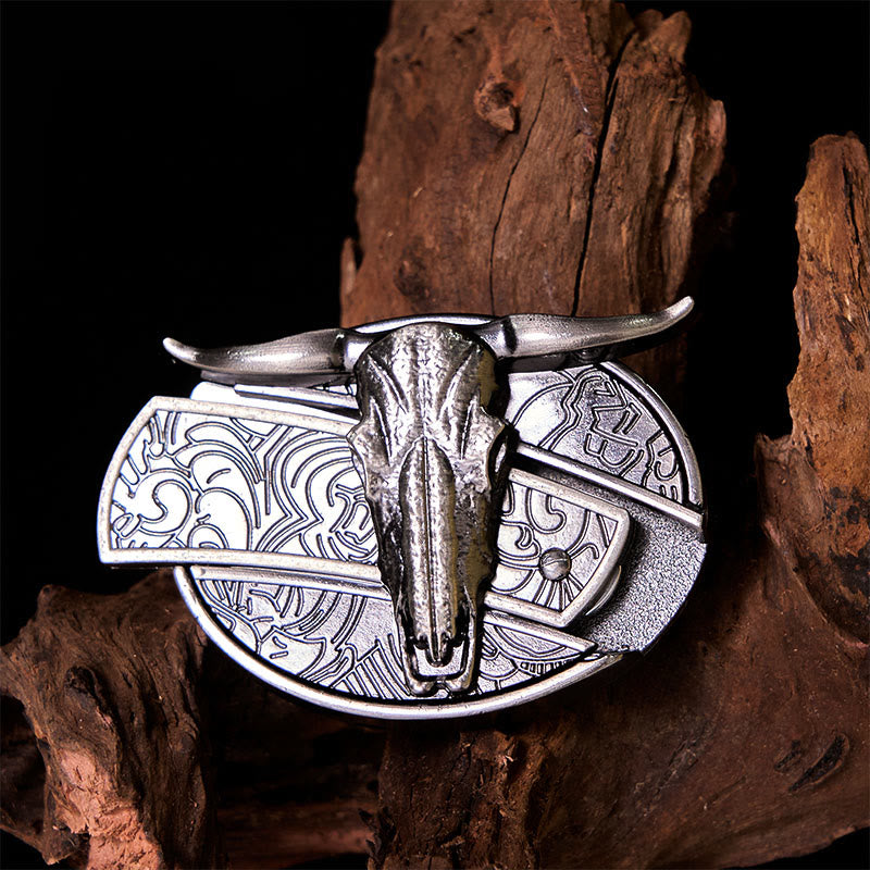 Bull's Head DIY Hidden Knife Silver Western Vintage Buckle Leather Belt