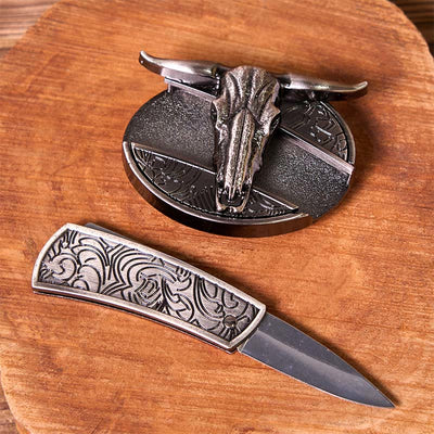 Bull's Head DIY Hidden Knife Silver Western Vintage Buckle Leather Belt