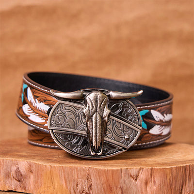 Bull's Head DIY Hidden Knife Silver Western Vintage Buckle Leather Belt