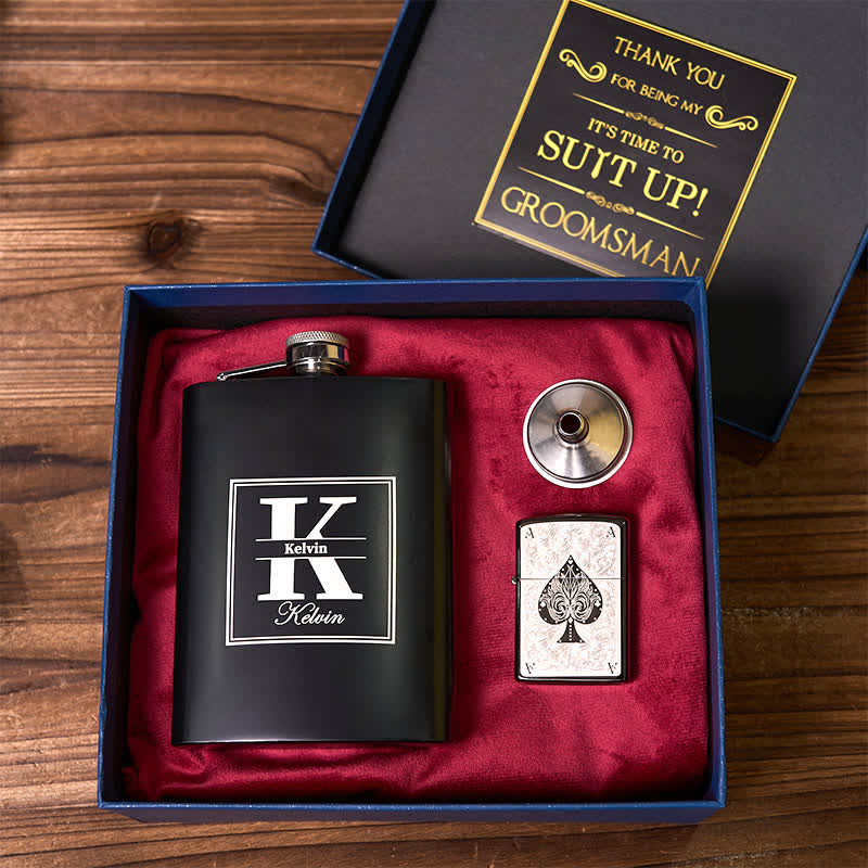 2Pcs Customizable Black Flask ACE of Spades Lighter Groomsmen Gift Box