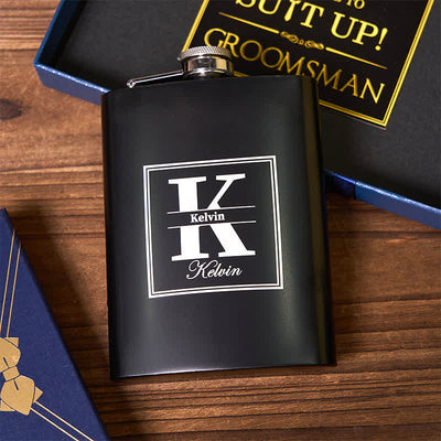 2Pcs Customizable Black Flask ACE of Spades Lighter Groomsmen Gift Box