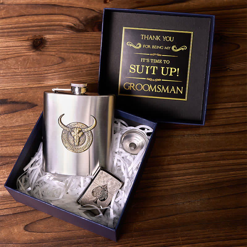 2Pcs Silver Bull Flask ACE of Spades Lighter Groomsmen Gift Box