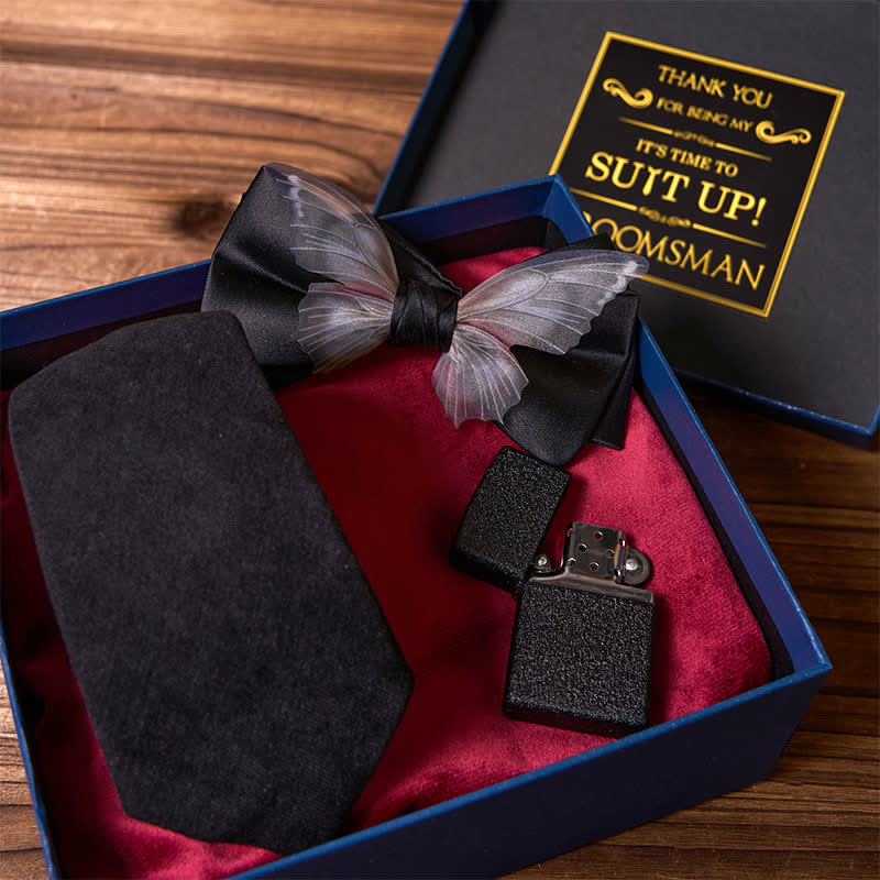 3Pcs Black Theme Necktie Butterfly Bow Tie Frosted Lighter Groomsmen Gift Box