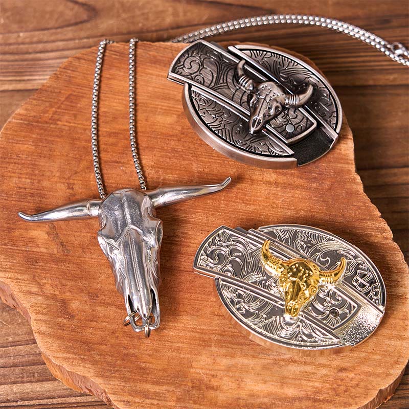 Double Bulls DIY Hidden Knife Belt Buckle With Longhorn Pendant Bundle Set