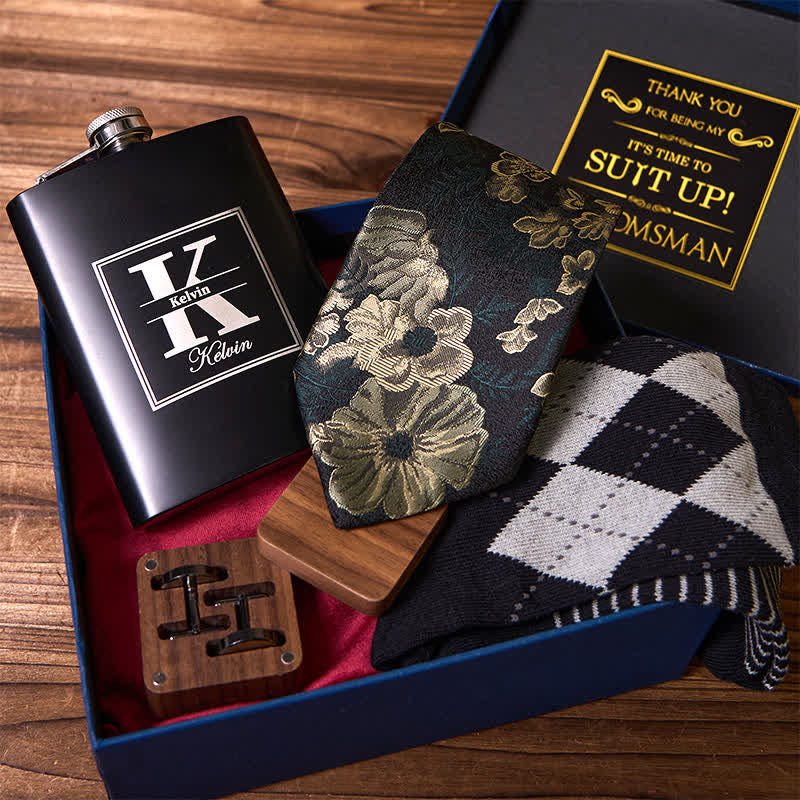 4Pcs Necktie Cuffinks Socks Suit Set Customizable Flask Groomsmen Gift Box