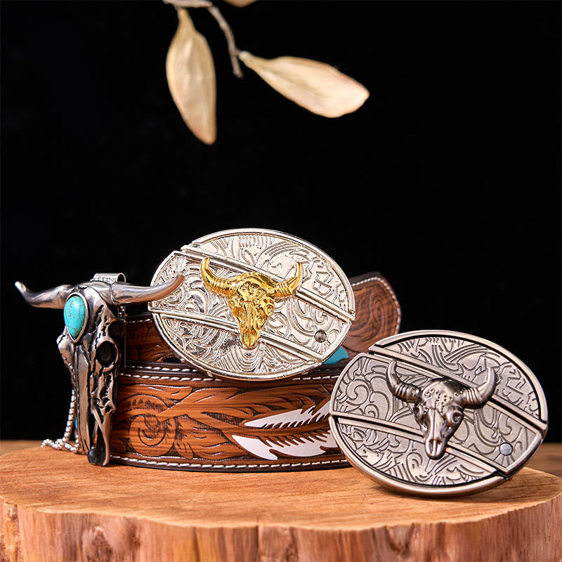 Gold Silver Bull DIY Knife Belt Buckle With Turquoise Longhorn Pendant Bundle Set