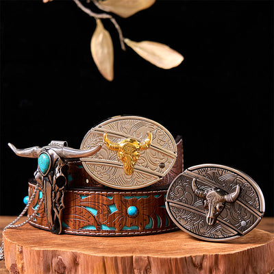 Gold Silver Bull DIY Knife Belt Buckle With Turquoise Longhorn Pendant Bundle Set