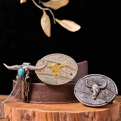 Gold Silver Bull DIY Knife Belt Buckle With Turquoise Longhorn Pendant Bundle Set