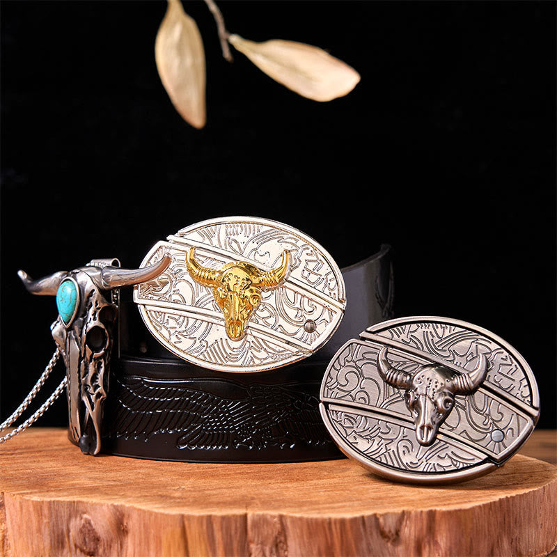 Gold Silver Bull DIY Knife Belt Buckle With Turquoise Longhorn Pendant Bundle Set