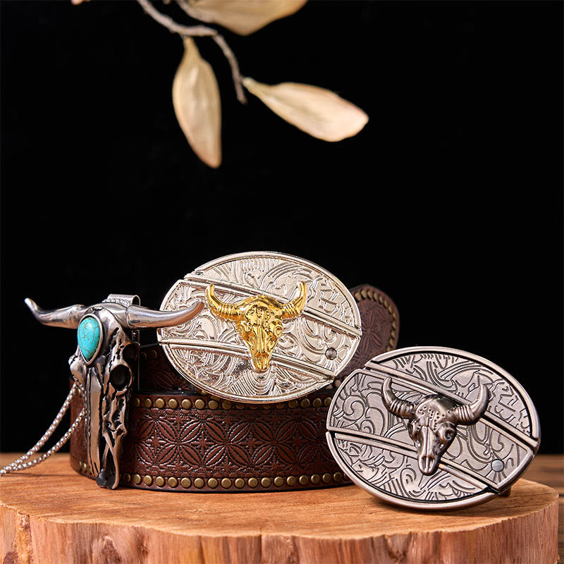 Gold Silver Bull DIY Knife Belt Buckle With Turquoise Longhorn Pendant Bundle Set