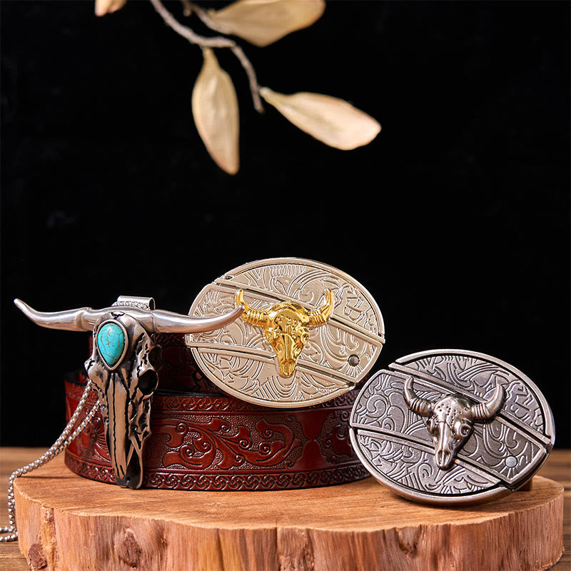 Gold Silver Bull DIY Knife Belt Buckle With Turquoise Longhorn Pendant Bundle Set