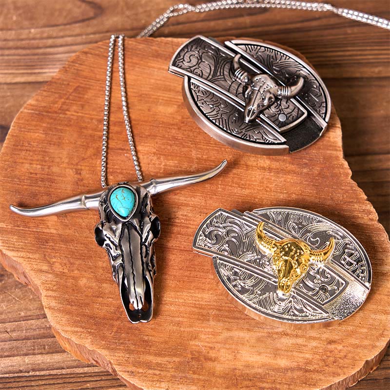 Gold Silver Bull DIY Knife Belt Buckle With Turquoise Longhorn Pendant Bundle Set