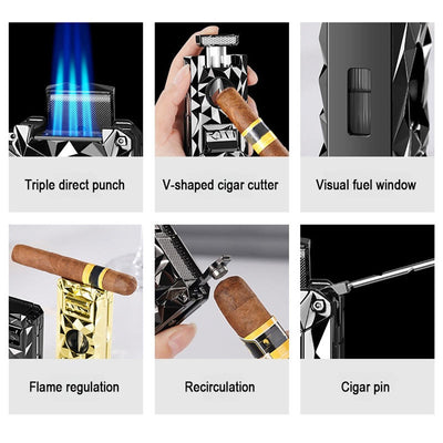 5 in 1 Multifunctional Cigar Cutter Tools Diamond Refillable Butane Lighter