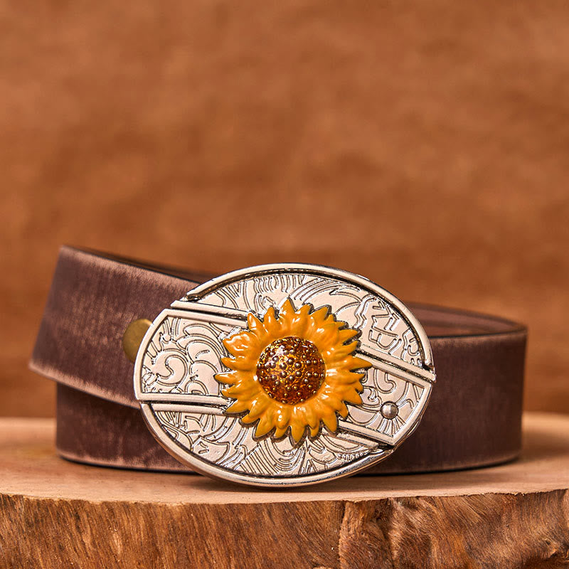 Men's Colorful Sunflower DIY Hidden Knife Western Buckle Leather Belt