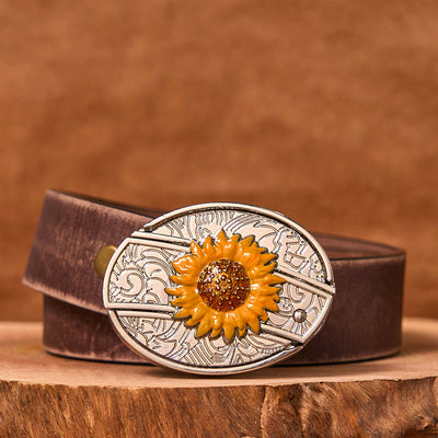 Men's Colorful Sunflower DIY Hidden Knife Western Buckle Leather Belt