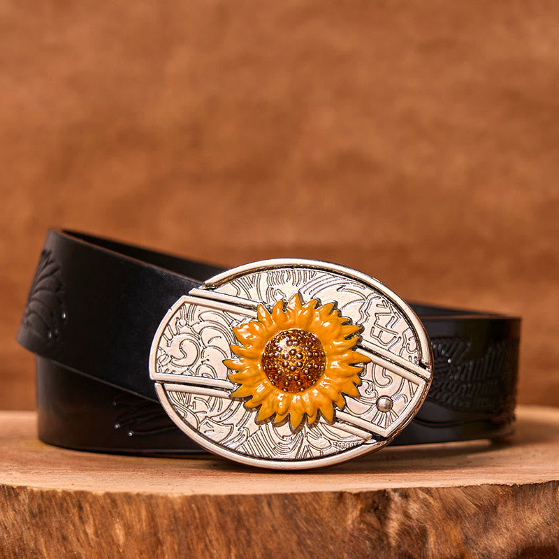 Men's Colorful Sunflower DIY Hidden Knife Western Buckle Leather Belt