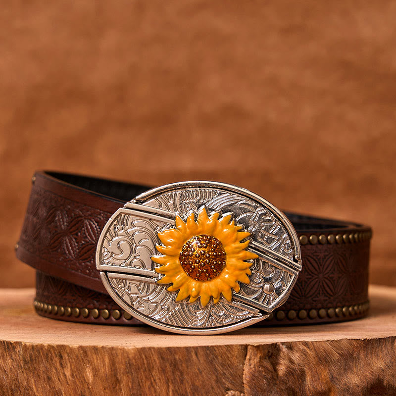 Men's Colorful Sunflower DIY Hidden Knife Western Buckle Leather Belt