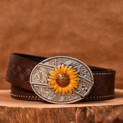 Men's Colorful Sunflower DIY Hidden Knife Western Buckle Leather Belt