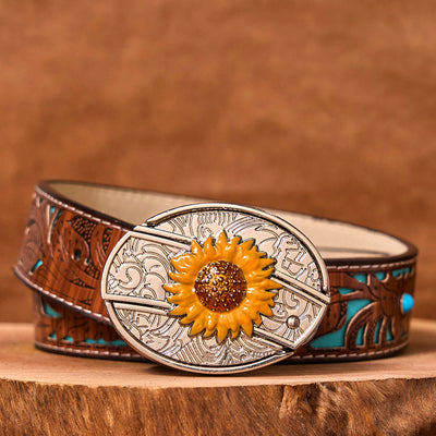 Men's Colorful Sunflower DIY Hidden Knife Western Buckle Leather Belt