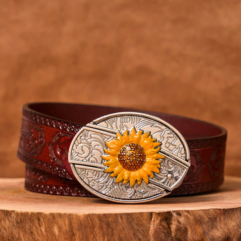 Men's Colorful Sunflower DIY Hidden Knife Western Buckle Leather Belt