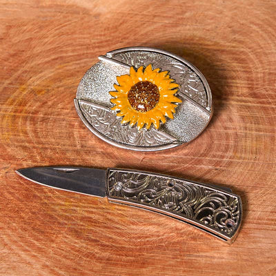 Men's Colorful Sunflower DIY Hidden Knife Western Buckle Leather Belt