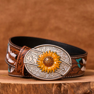 Men's Colorful Sunflower DIY Hidden Knife Western Buckle Leather Belt