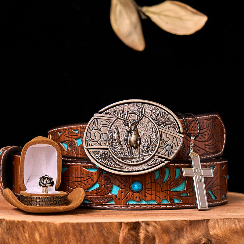 Forest Deer DIY Hidden Knife Belt Buckle With Rose Ring Bundle Set